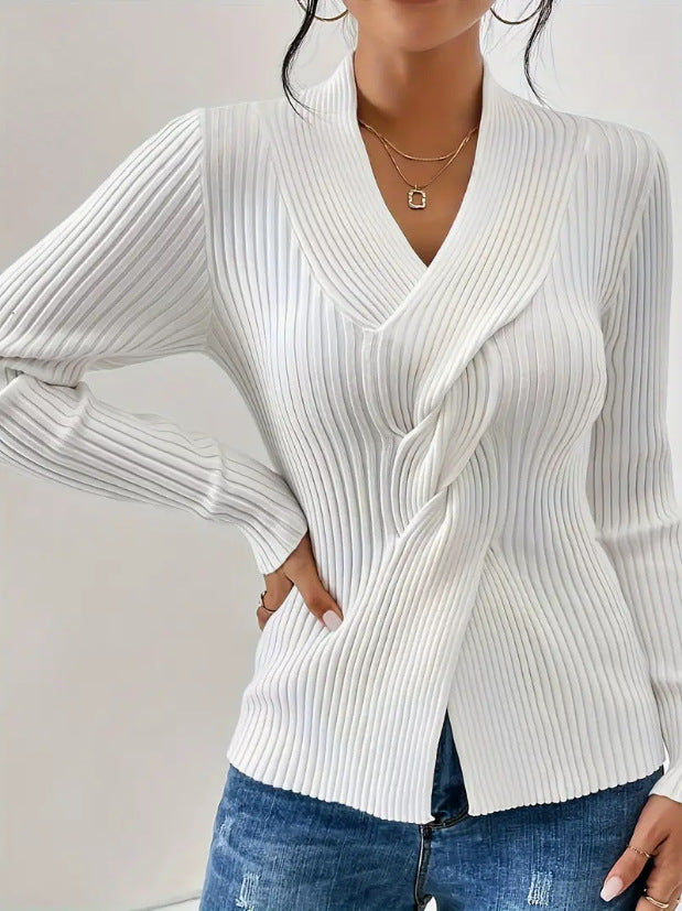 Draped Twist Front Fitted Ribbed Knit Top - view 2