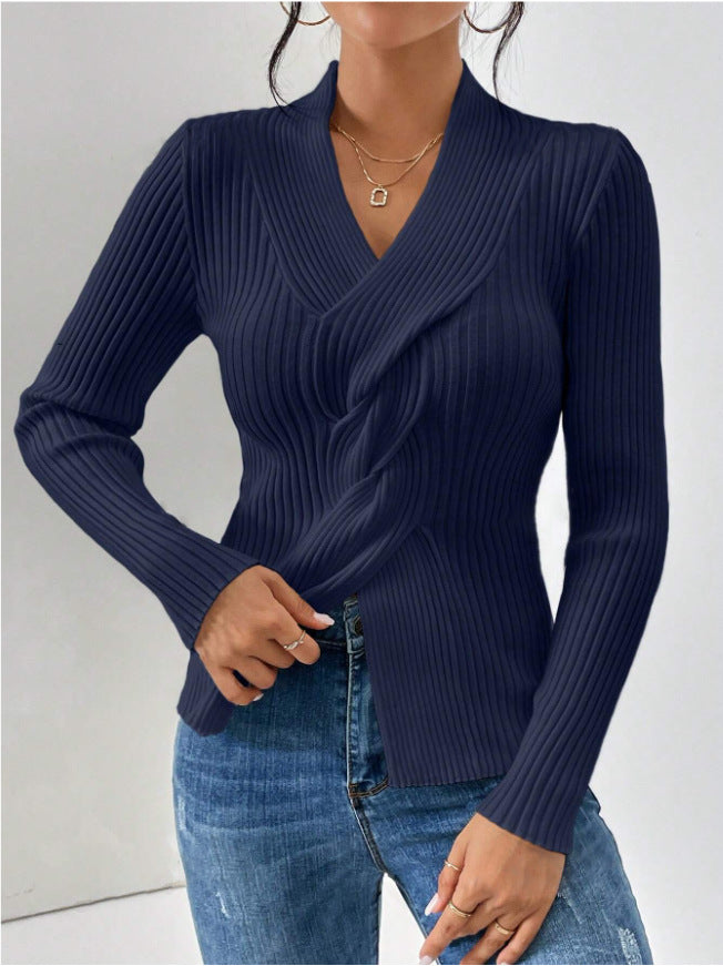 Draped Twist Front Fitted Ribbed Knit Top - navy