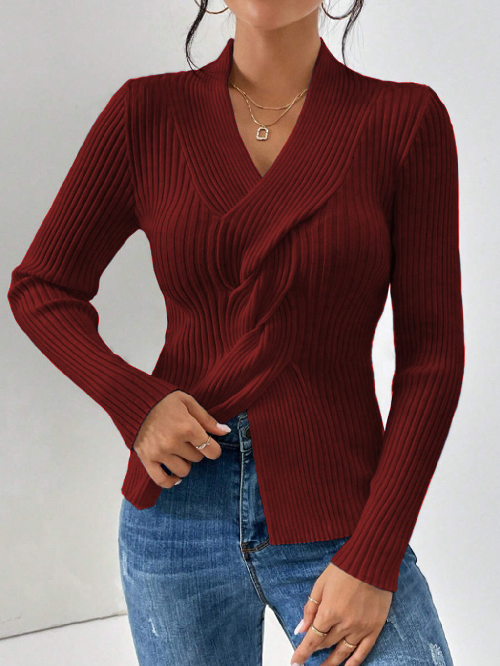 Draped Twist Front Fitted Ribbed Knit Top - red