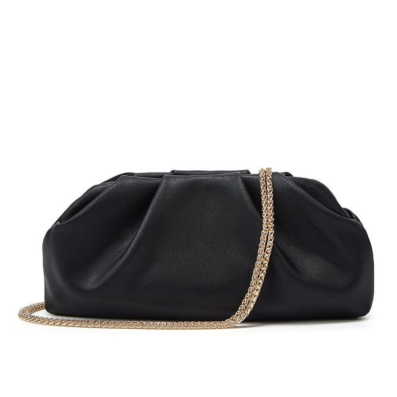Pleated Pouch Clutch with Chain Shoulder Strap - Black