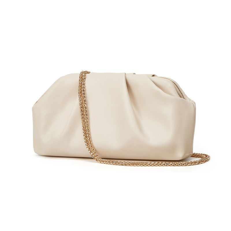 Pleated Pouch Clutch with Chain Shoulder Strap - Cream