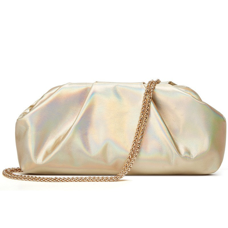 Pleated Pouch Clutch with Chain Shoulder Strap - Iridescent Gold