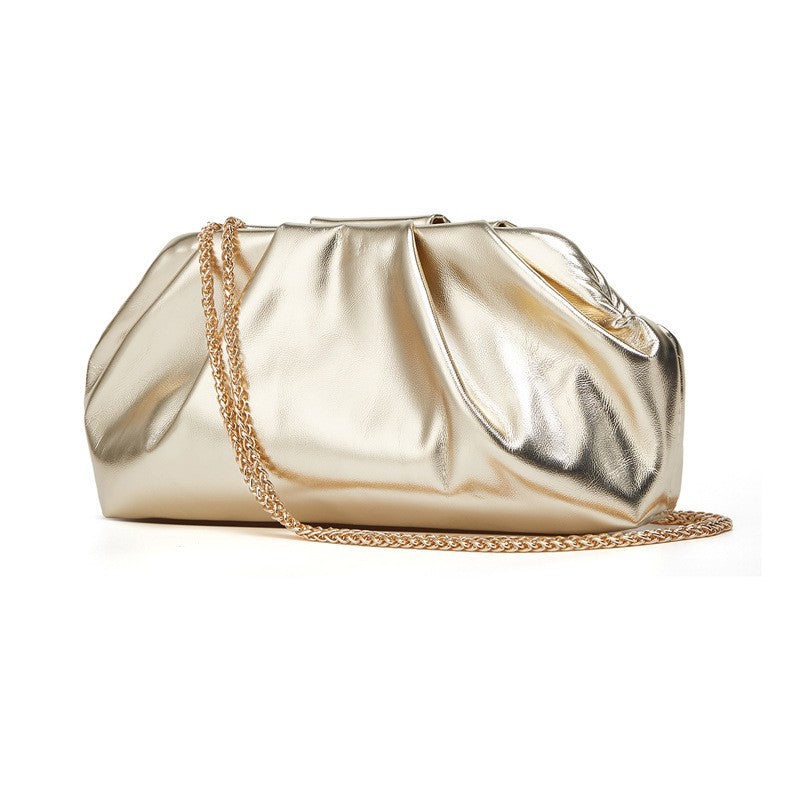 Pleated Pouch Clutch with Chain Shoulder Strap - Light Gold