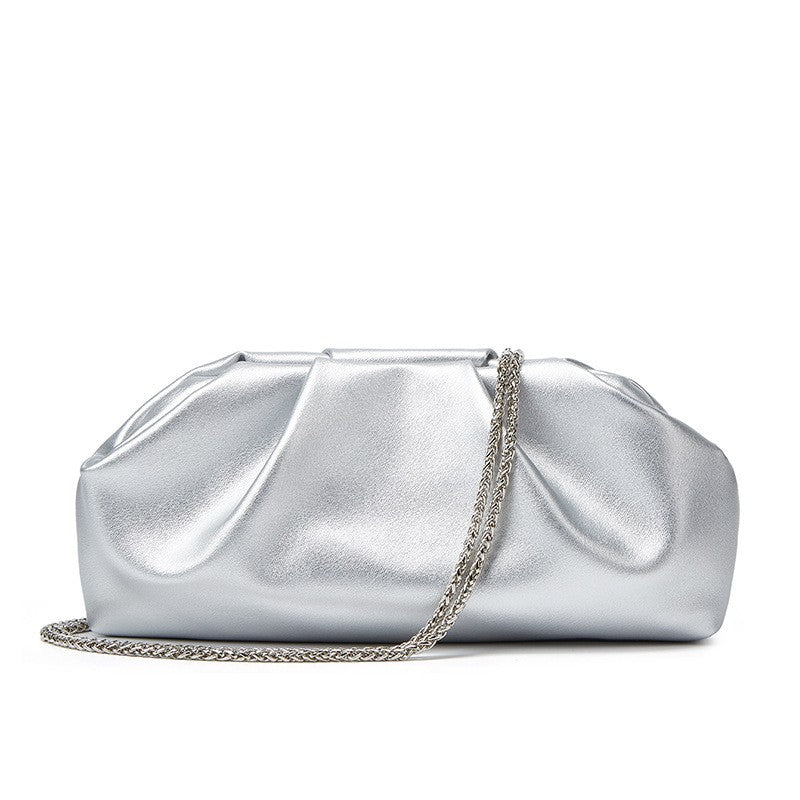 Pleated Pouch Clutch with Chain Shoulder Strap - Silver