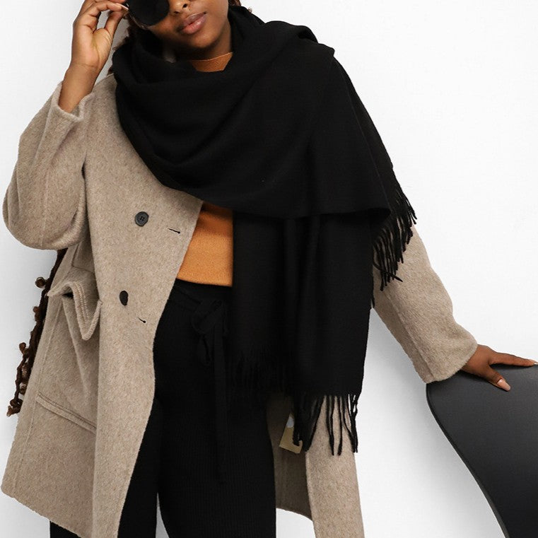 Oversized Brushed Tassel Blanket Scarf Wrap - Black