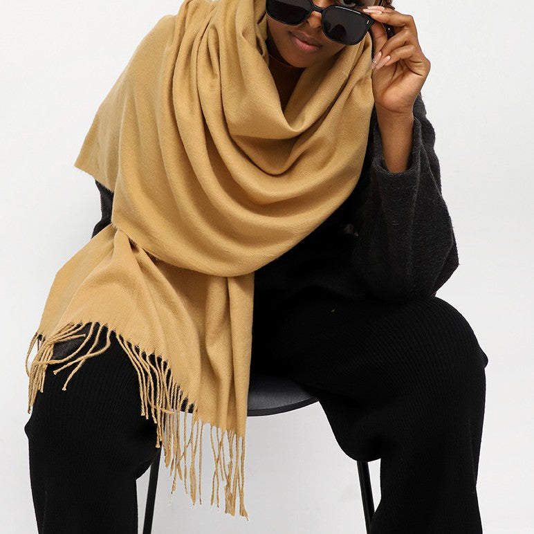 Oversized Brushed Tassel Blanket Scarf Wrap - Camel