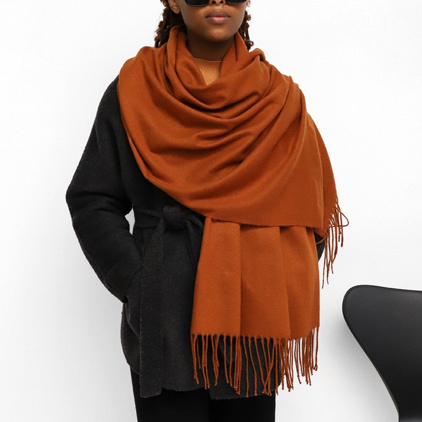 Oversized Brushed Tassel Blanket Scarf Wrap - Coffee