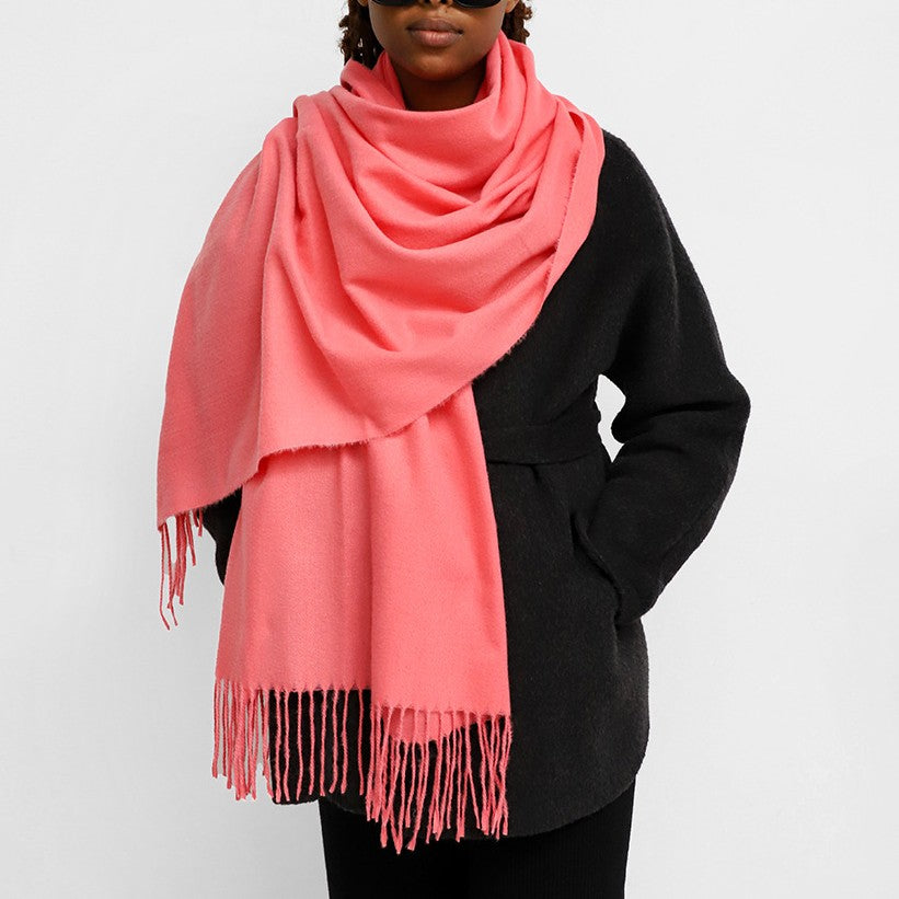 Oversized Brushed Tassel Blanket Scarf Wrap - Coral-Pink