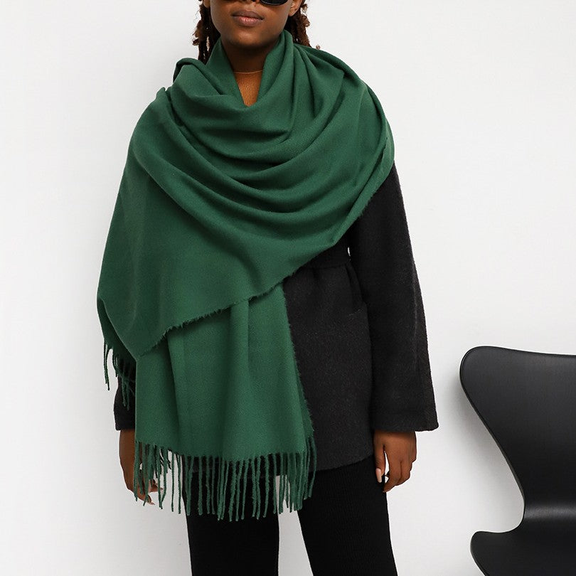 Oversized Brushed Tassel Blanket Scarf Wrap - Dark-Green