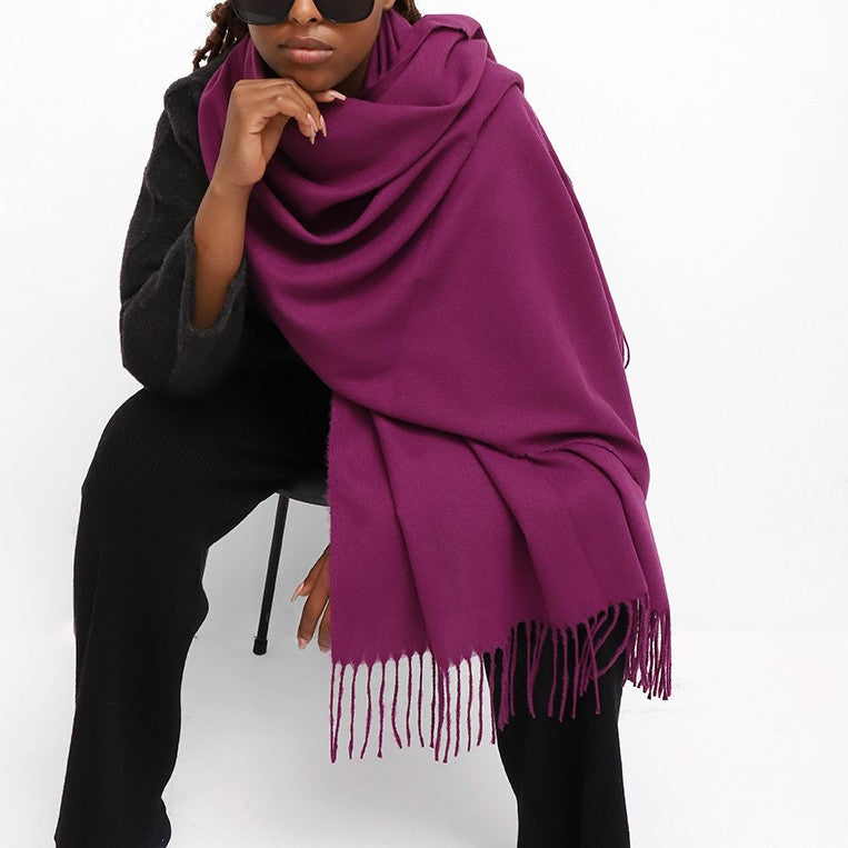Oversized Brushed Tassel Blanket Scarf Wrap - Deep-Purple