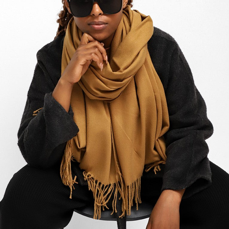 Oversized Brushed Tassel Blanket Scarf Wrap - Khaki