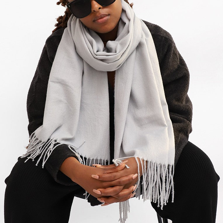 Oversized Brushed Tassel Blanket Scarf Wrap - Light-Gray