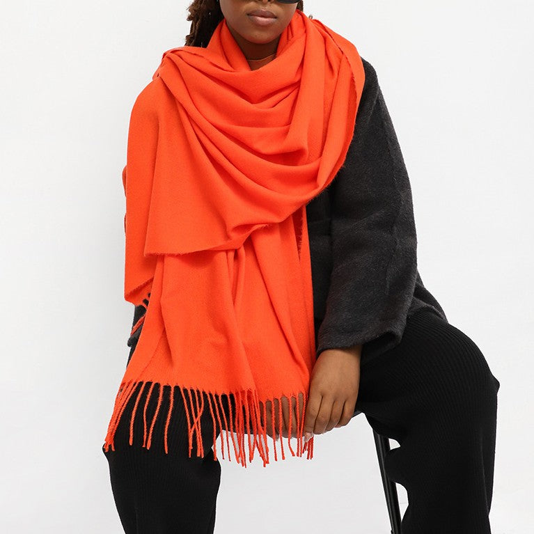 Oversized Brushed Tassel Blanket Scarf Wrap - Orange