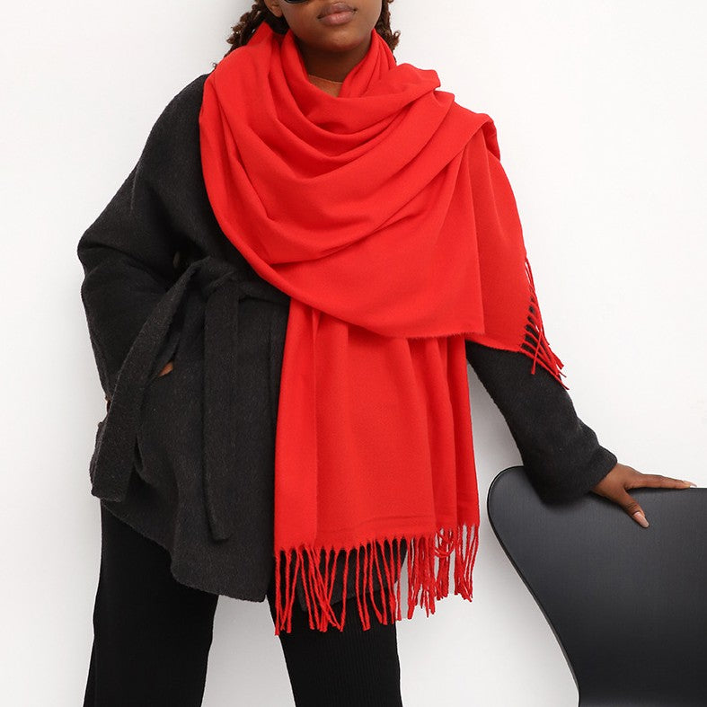 Oversized Brushed Tassel Blanket Scarf Wrap - Red