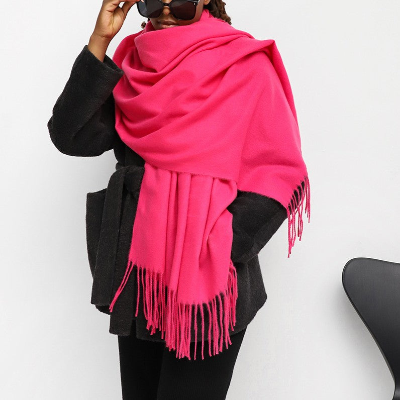 Oversized Brushed Tassel Blanket Scarf Wrap - Rose-Red