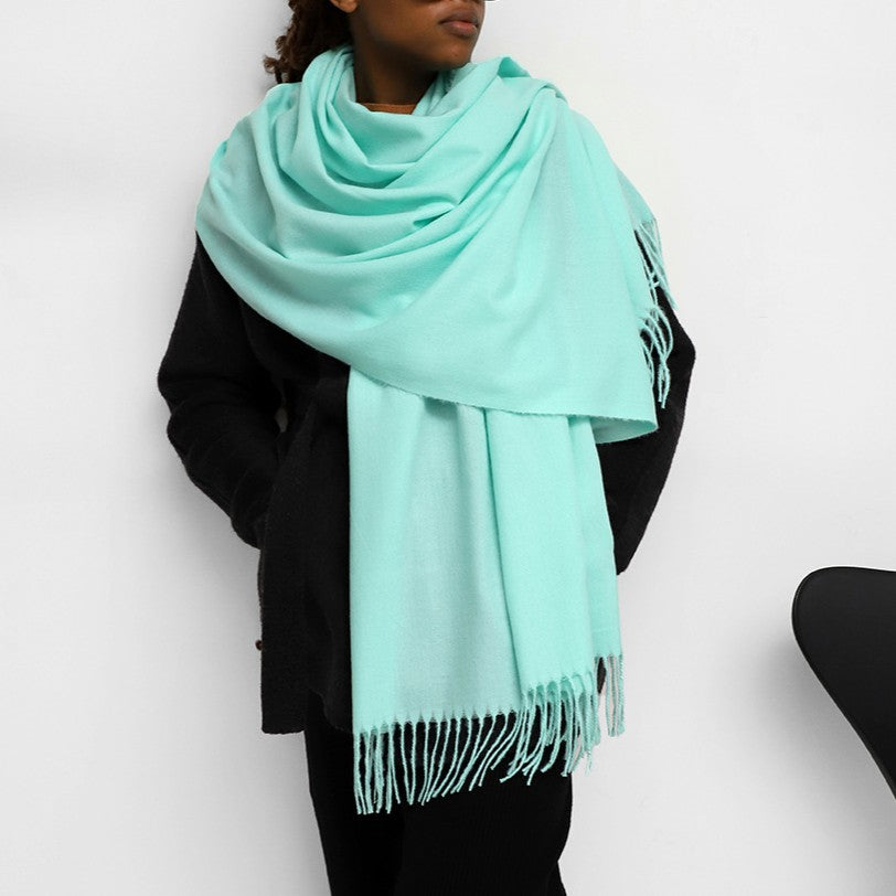 Oversized Brushed Tassel Blanket Scarf Wrap - Sky-Blue