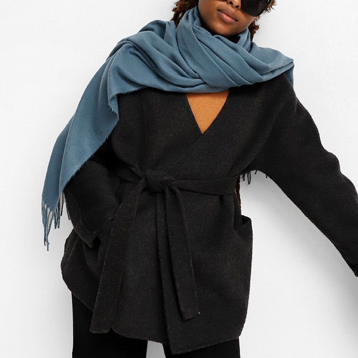 Oversized Brushed Tassel Blanket Scarf Wrap - Smoke-Blue