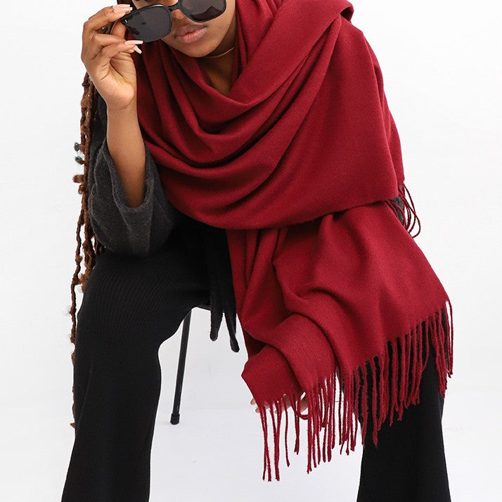 Oversized Brushed Tassel Blanket Scarf Wrap - Wine-Red