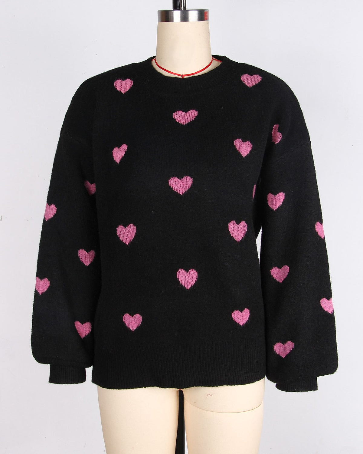 Heart Jacquard Drop Shoulder Knit Sweater - Black