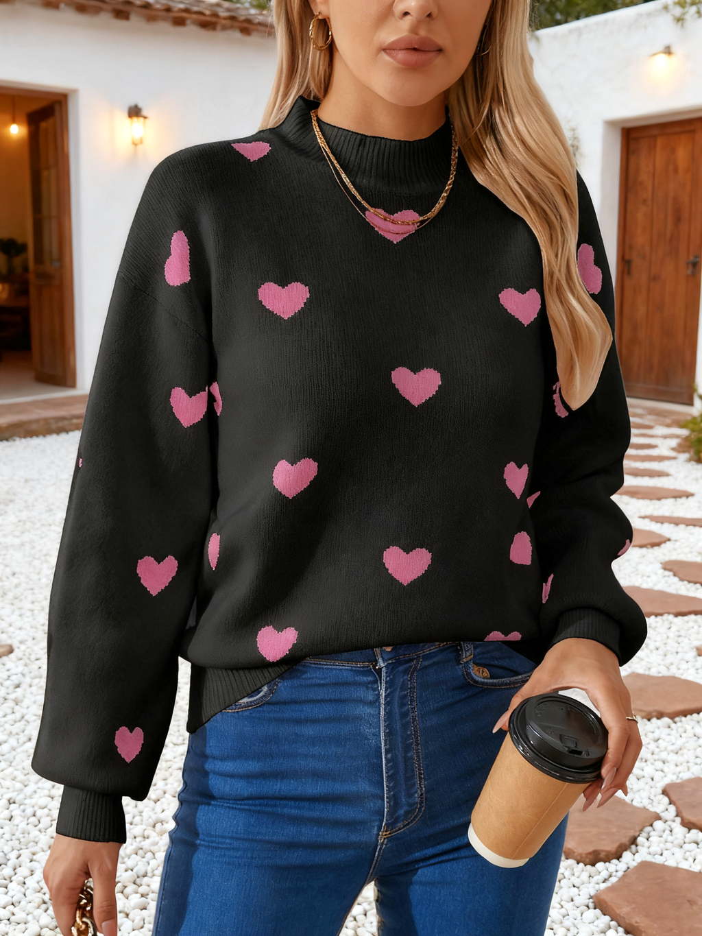 Heart Jacquard Drop Shoulder Knit Sweater - Black - 1