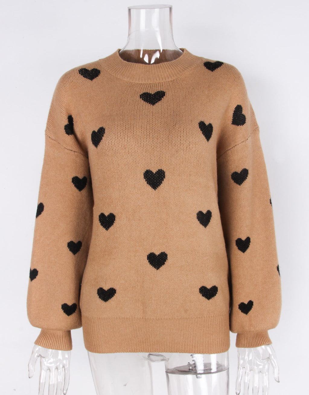 Heart Jacquard Drop Shoulder Knit Sweater - Camel