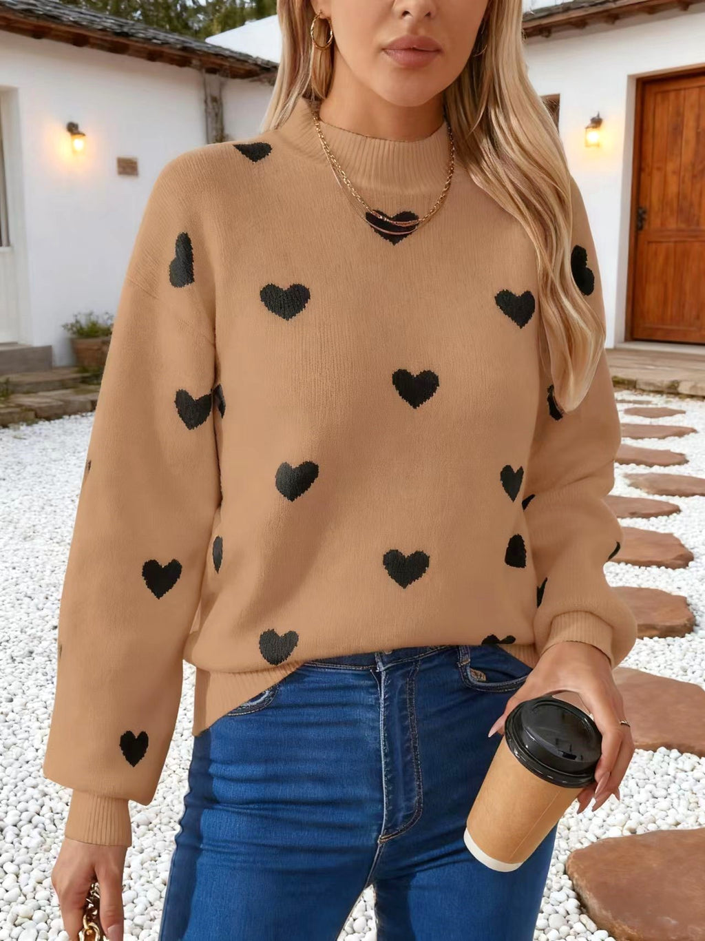 Heart Jacquard Drop Shoulder Knit Sweater - Camel - 1