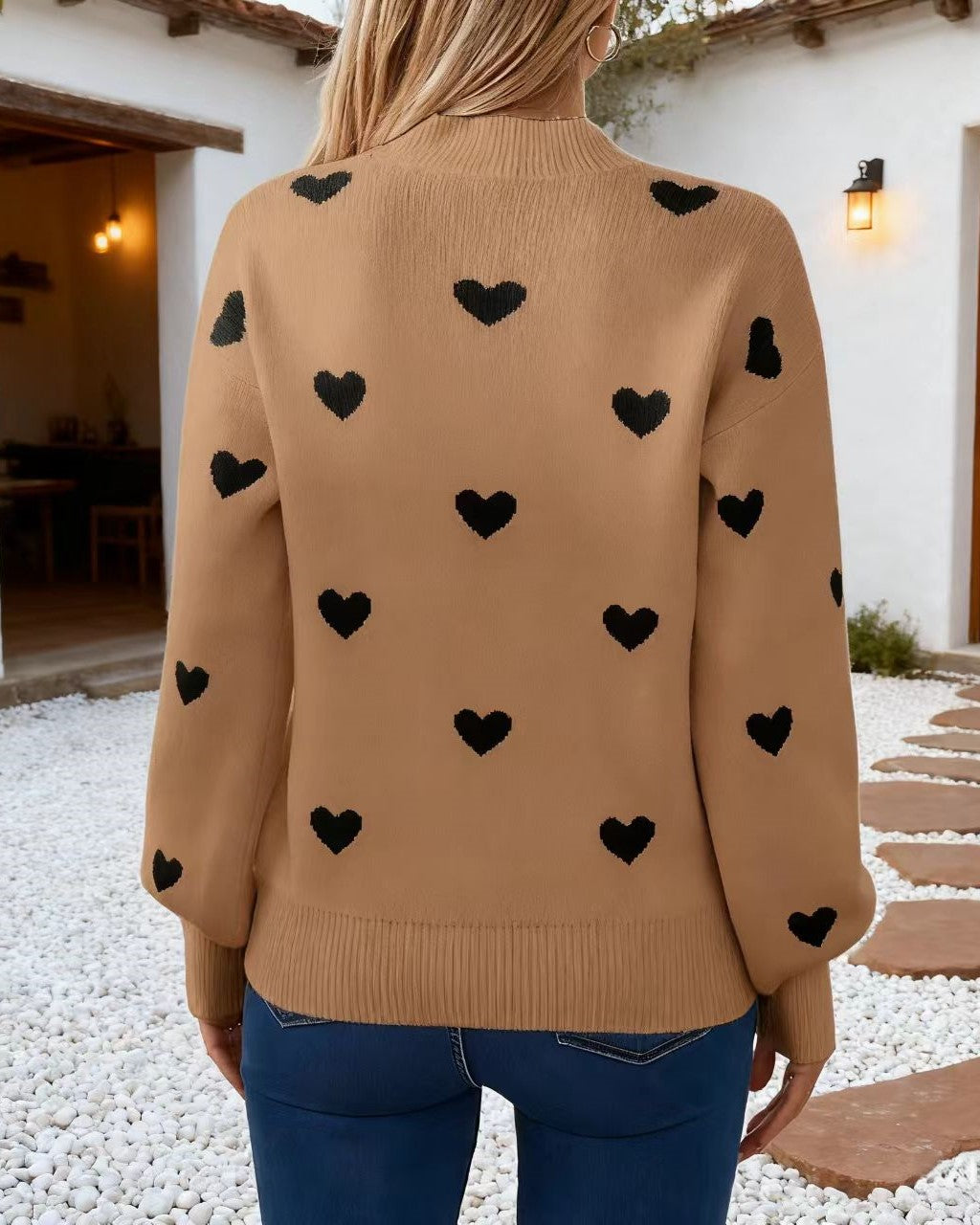 Heart Jacquard Drop Shoulder Knit Sweater - Camel - 2
