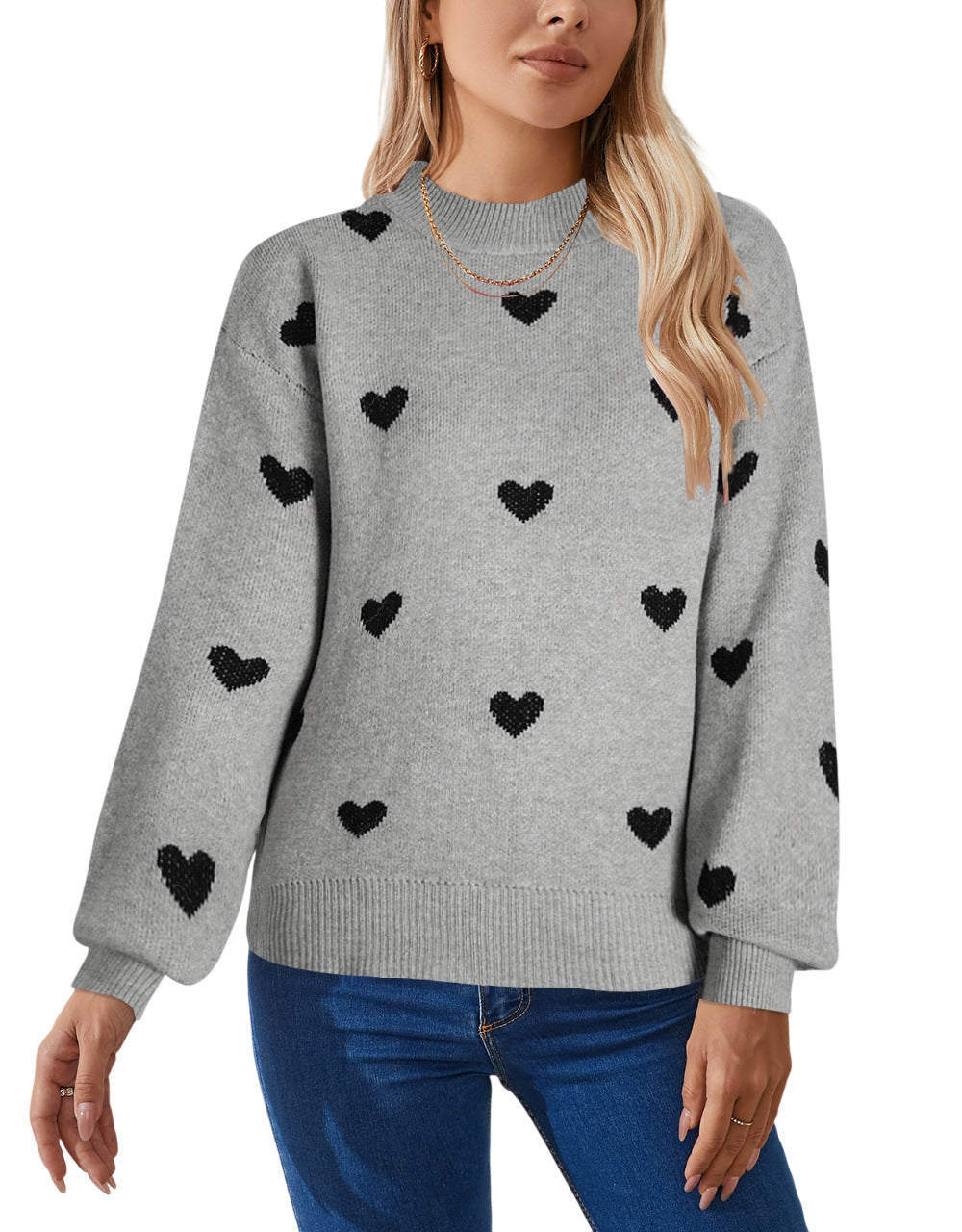 Heart Jacquard Drop Shoulder Knit Sweater - Grey