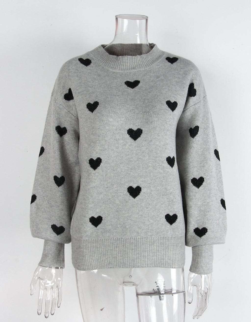 Heart Jacquard Drop Shoulder Knit Sweater - Grey - 1