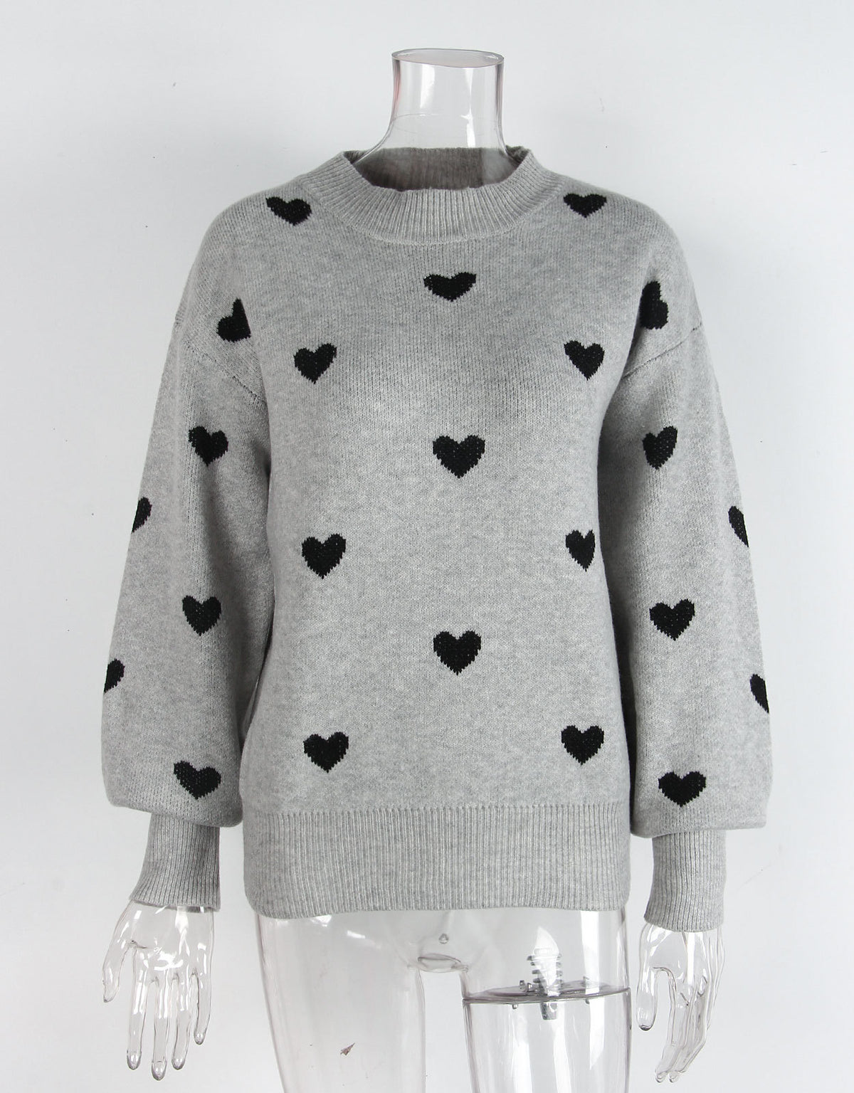 Heart Jacquard Drop Shoulder Knit Sweater - Grey - 1