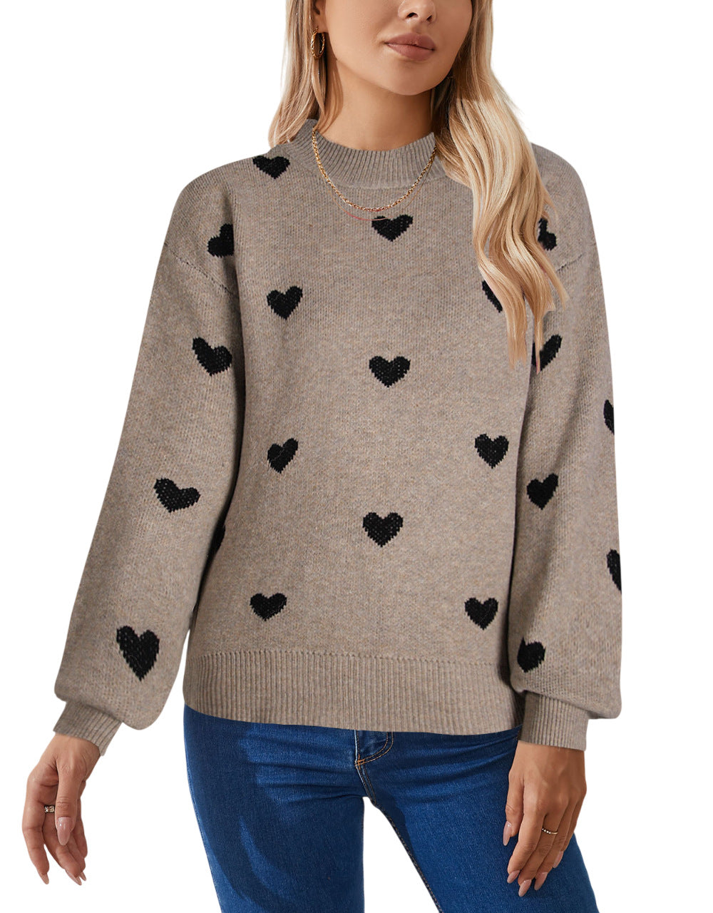Heart Jacquard Drop Shoulder Knit Sweater - Khaki