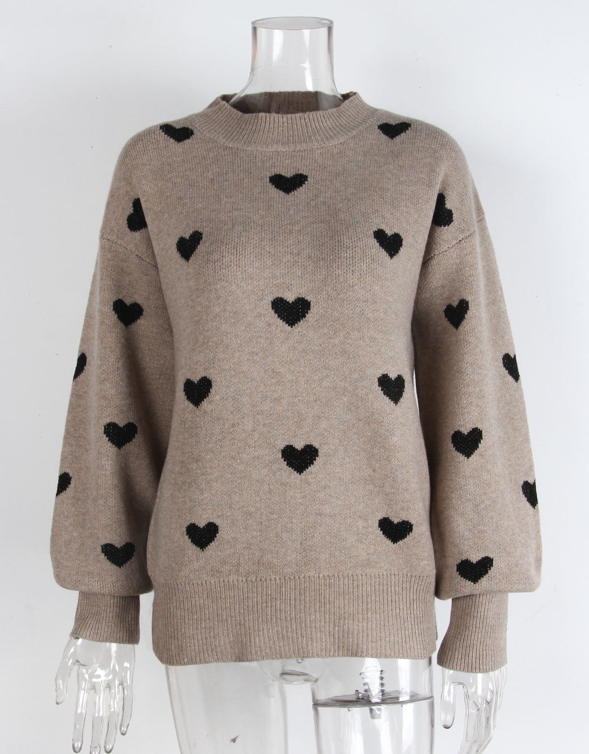 Heart Jacquard Drop Shoulder Knit Sweater - Khaki - 1