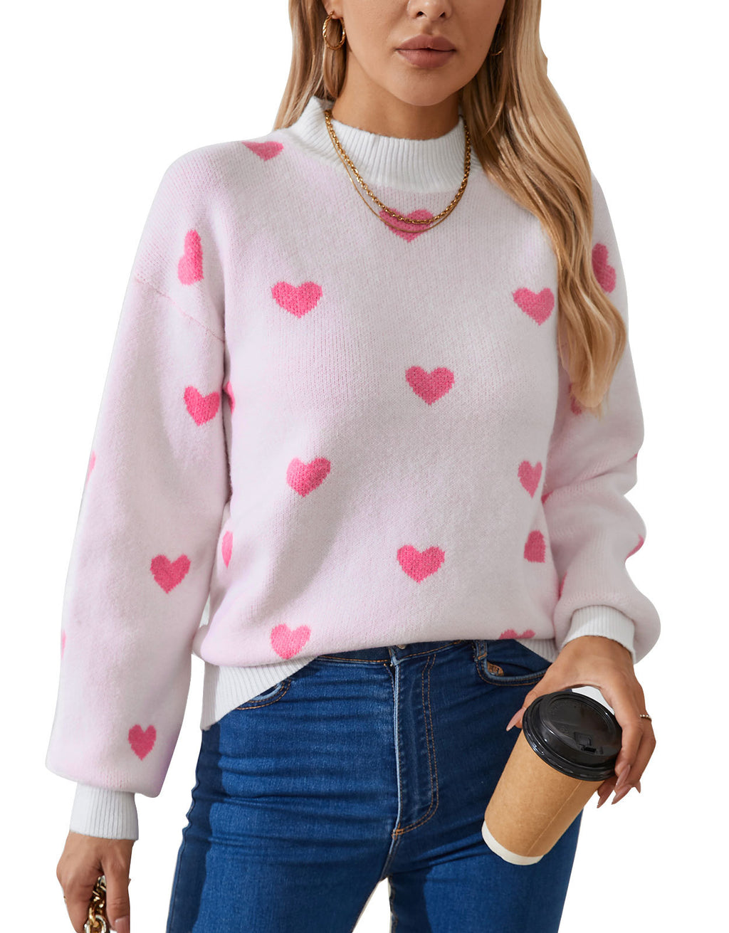 Heart Jacquard Drop Shoulder Knit Sweater - LtPink