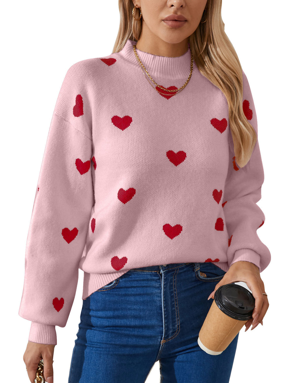 Heart Jacquard Drop Shoulder Knit Sweater - Pink
