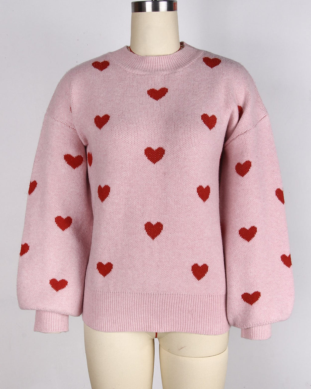 Heart Jacquard Drop Shoulder Knit Sweater - Pink - 1
