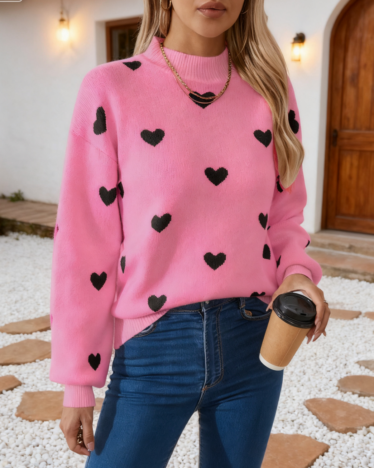 Heart Jacquard Drop Shoulder Knit Sweater - Rose