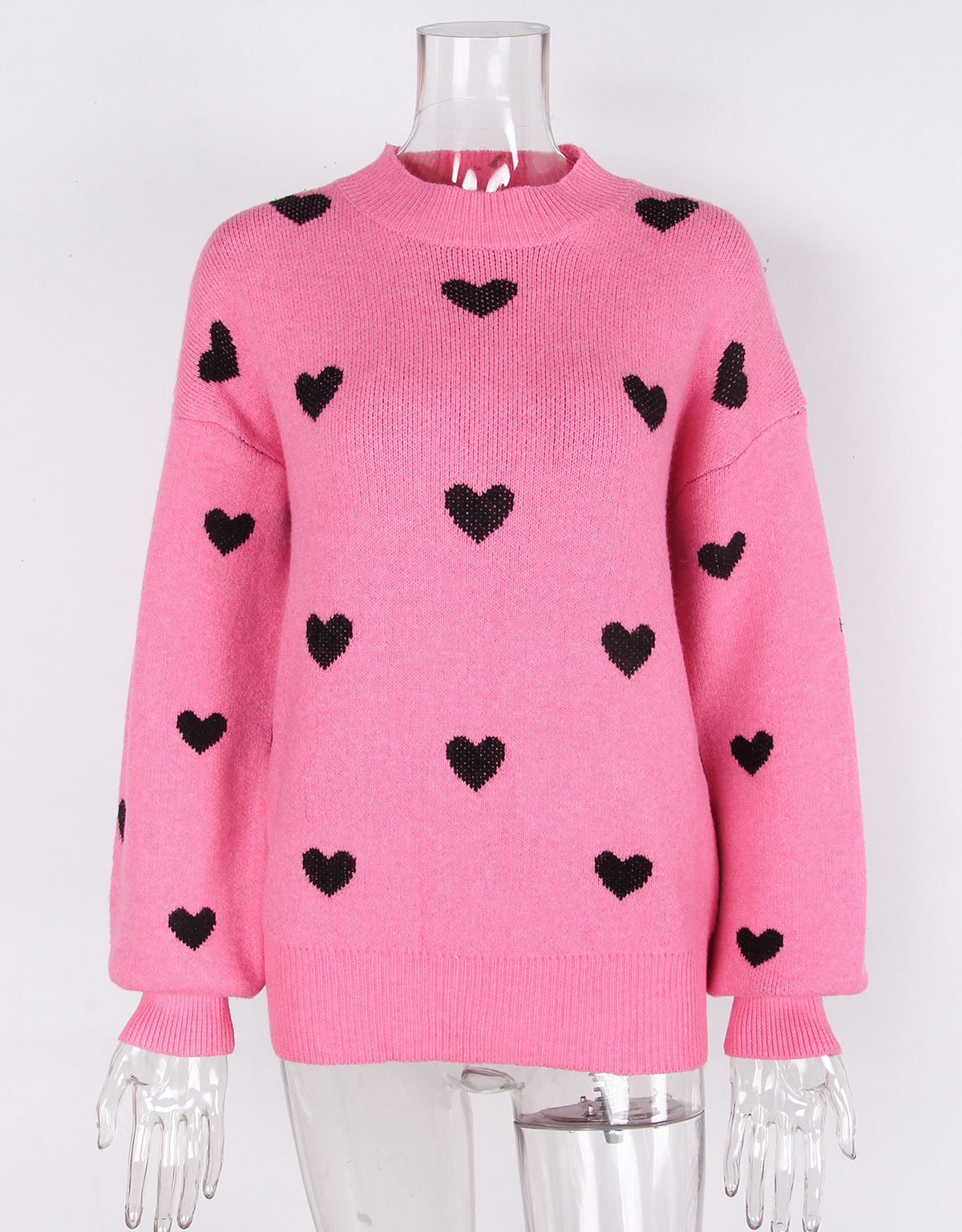 Heart Jacquard Drop Shoulder Knit Sweater - Rose - 1