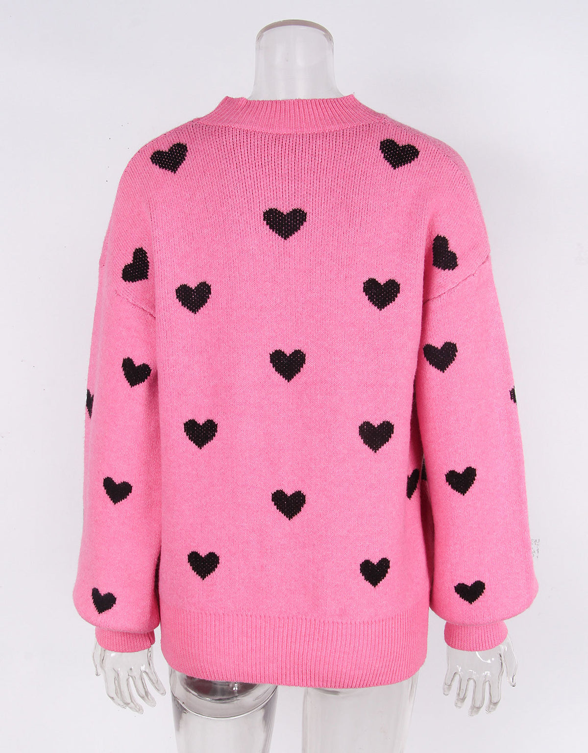 Heart Jacquard Drop Shoulder Knit Sweater - Rose - 2