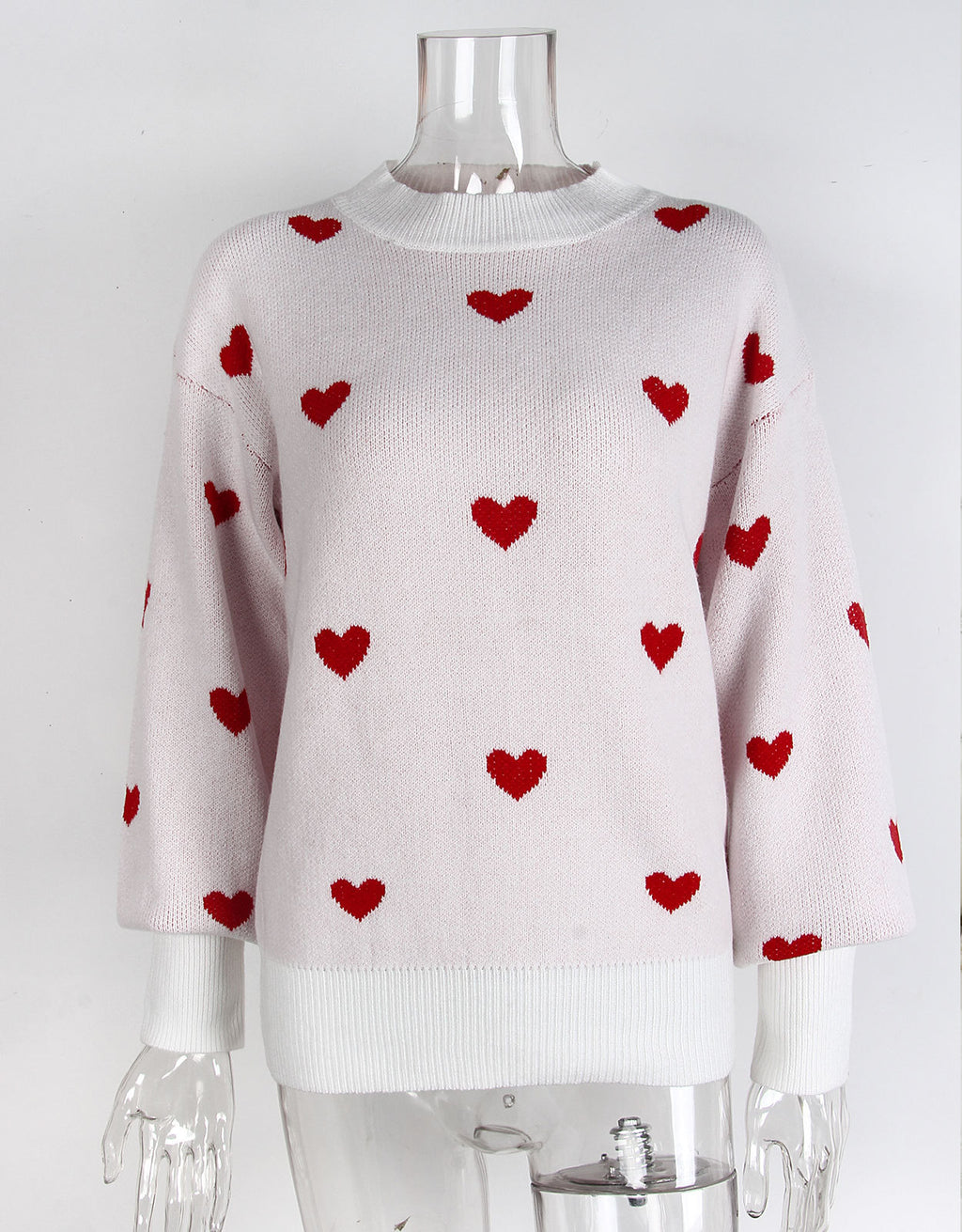 Heart Jacquard Drop Shoulder Knit Sweater - White - 1