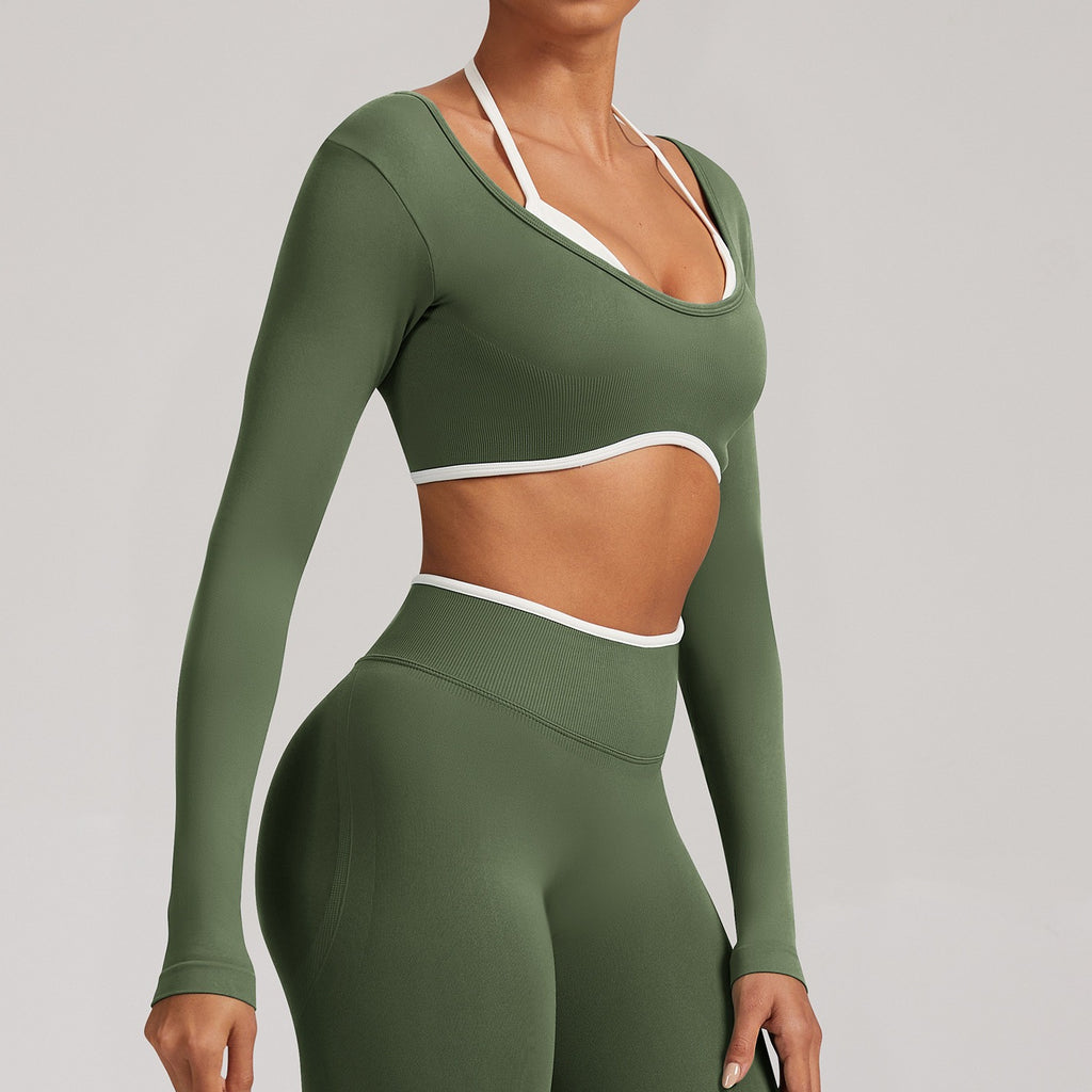 Contrast Trim Open Back Cropped Long Sleeve Gym Top - Army Green