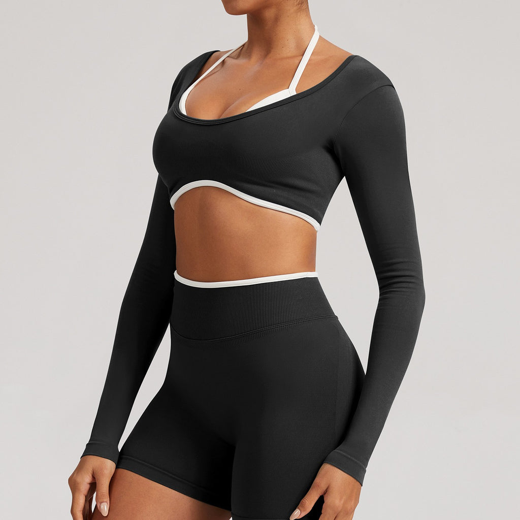 Contrast Trim Open Back Cropped Long Sleeve Gym Top - Black