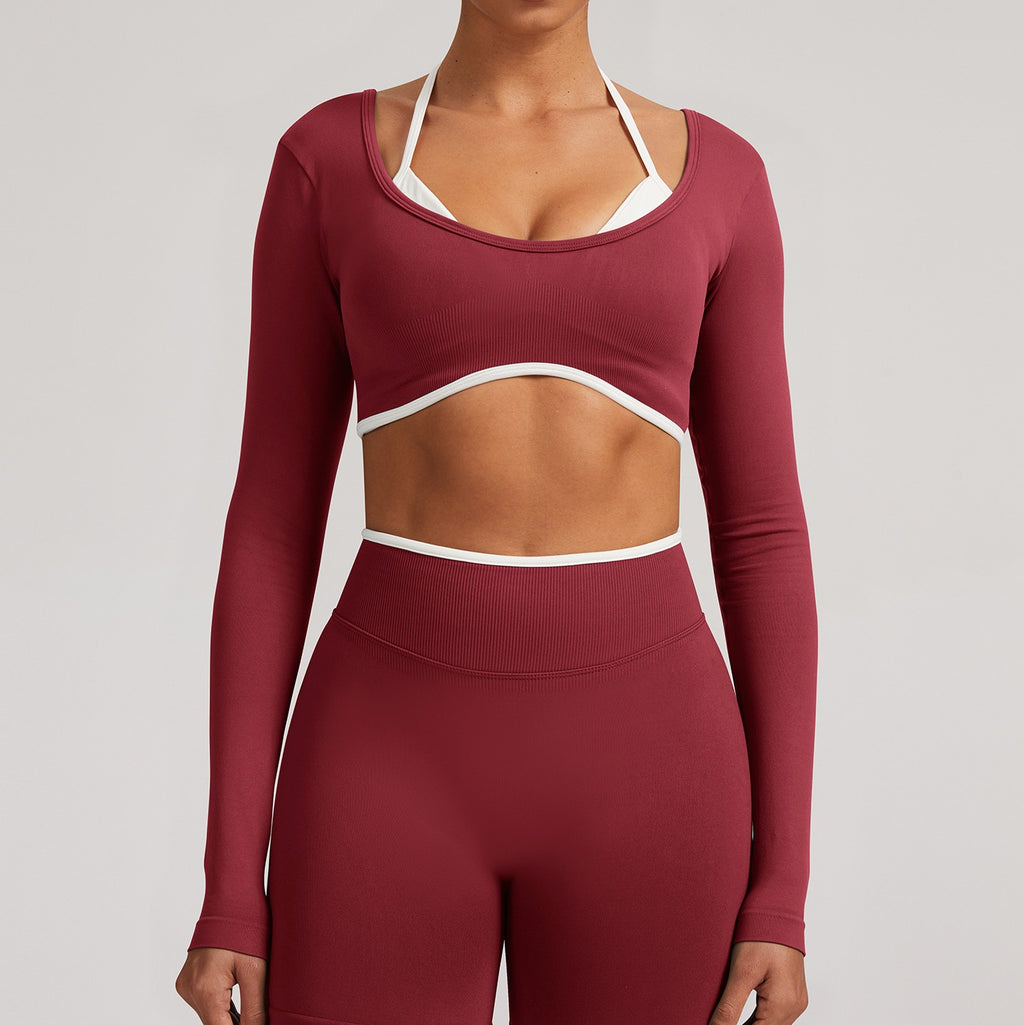 Contrast Trim Open Back Cropped Long Sleeve Gym Top - Cherry Red