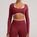 Contrast Trim Open Back Cropped Long Sleeve Gym Top - Cherry Red