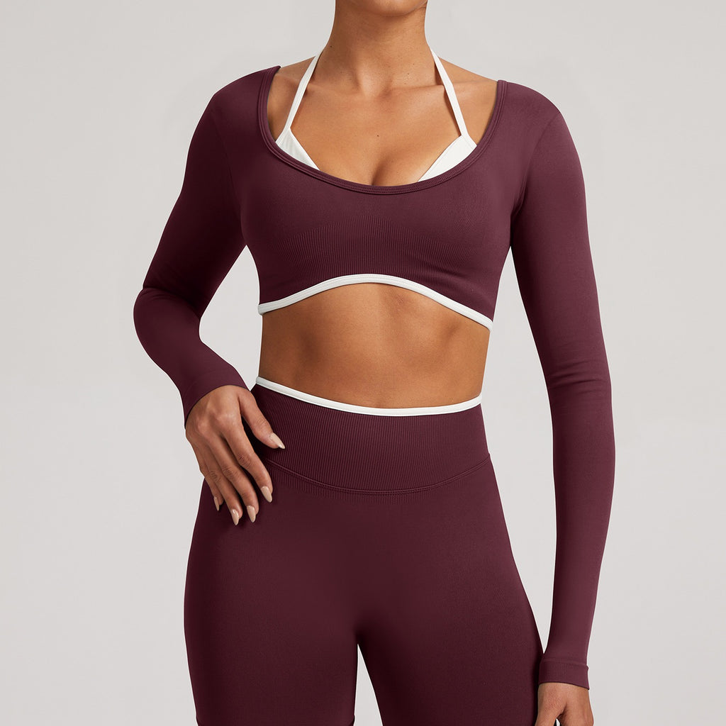 Contrast Trim Open Back Cropped Long Sleeve Gym Top - Chestnut