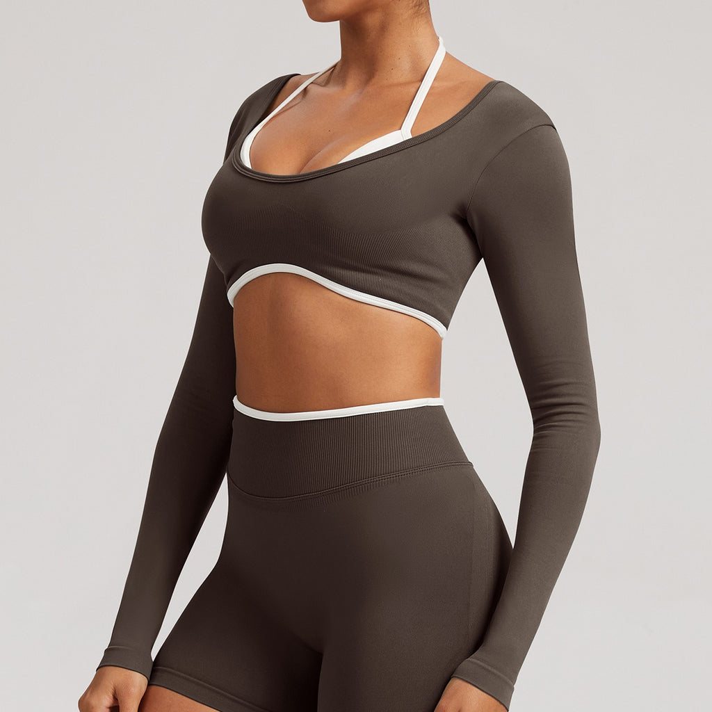 Contrast Trim Open Back Cropped Long Sleeve Gym Top - Coffee