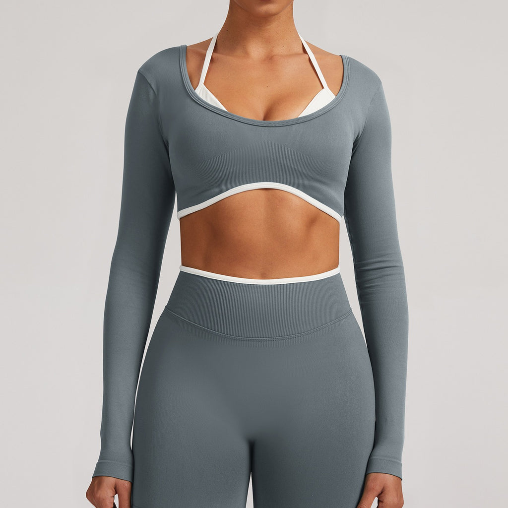Contrast Trim Open Back Cropped Long Sleeve Gym Top - Graphite