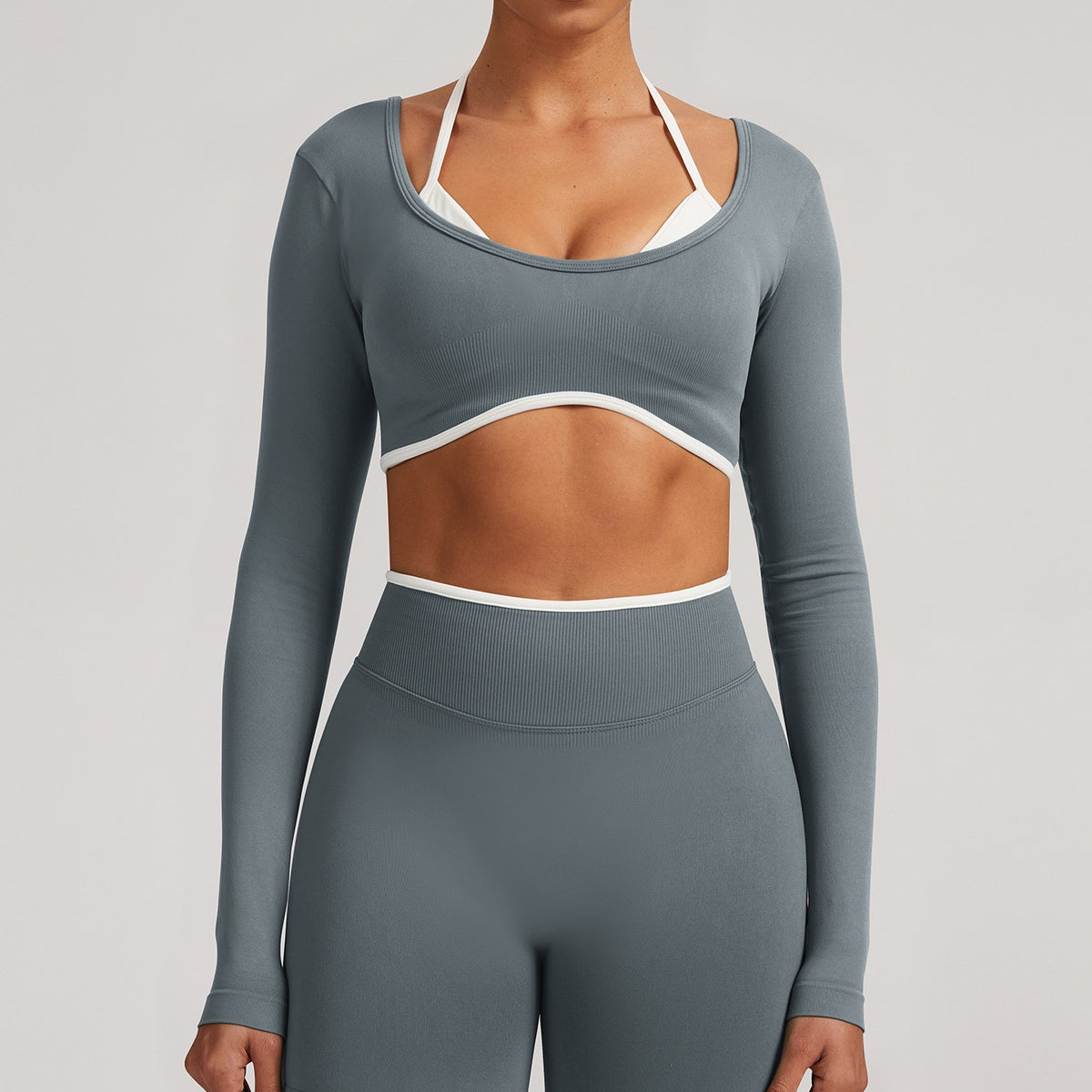 Contrast Trim Open Back Cropped Long Sleeve Gym Top - Graphite