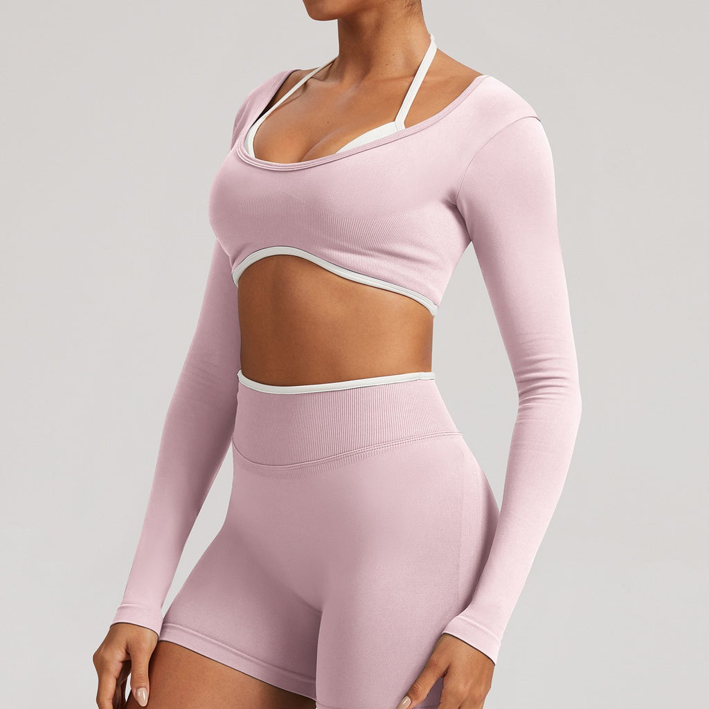 Contrast Trim Open Back Cropped Long Sleeve Gym Top - Light Pink