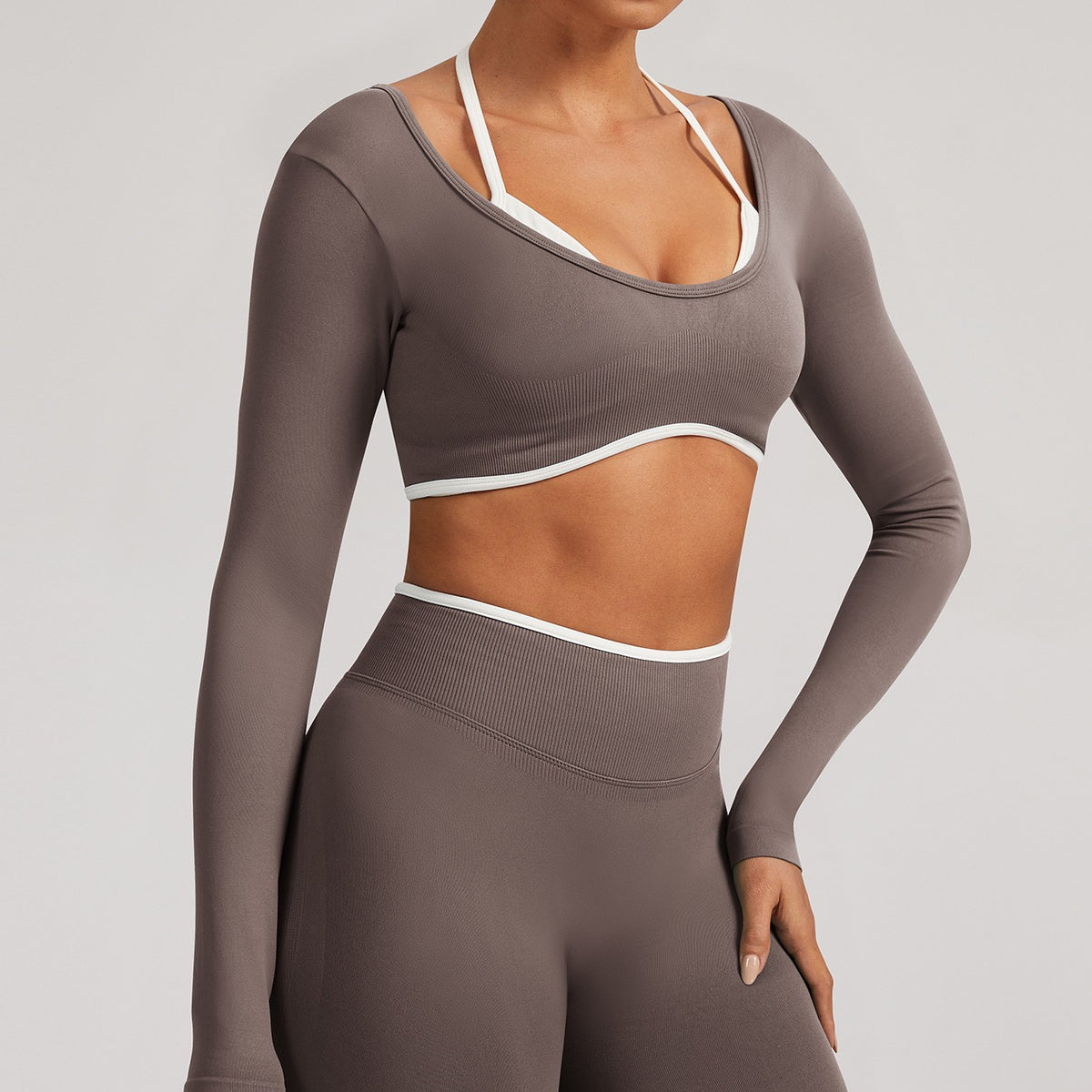 Contrast Trim Open Back Cropped Long Sleeve Gym Top - Mocha