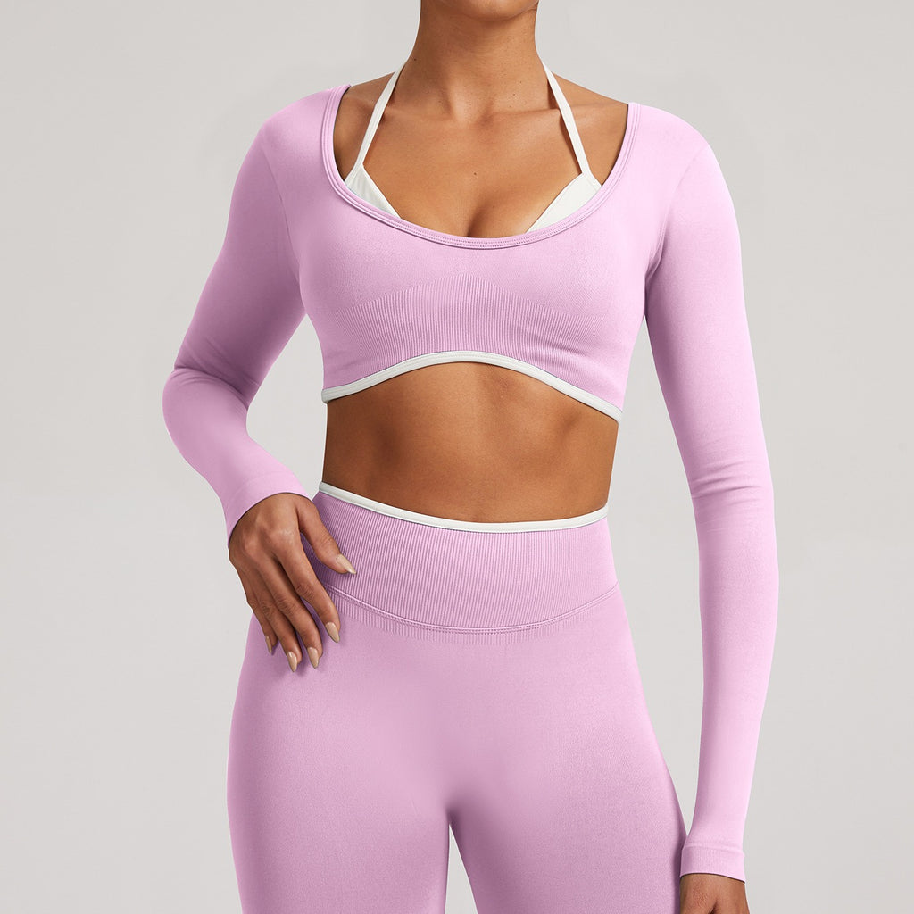 Contrast Trim Open Back Cropped Long Sleeve Gym Top - Orchid Pink